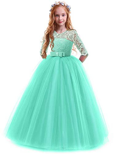 OBEEII Vestito da principessa, da sera, per matrimonio, damigella d'onore, per compleanno, festa, festa per ragazzi, carnevale, cocktail, danza, ballo, 2-14 anni verde 9-10 Anni