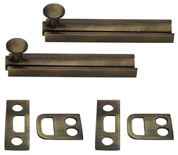 QCAA Solid Brass Surface Bolt 2, Antique Brass Brushed, Made in Taiwan, 2 Pack