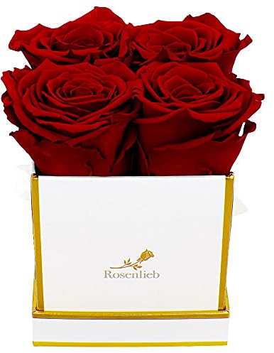 Rosenlieb Rosenbox mit 4 Infinity Rosen (3 Jahre haltbar) | Echte konservierte Rose | Geschenk für Freundin sie | Flowerbox Inkl. Grußkarte | Weihnachten, Muttertag (Square Bravo Weiß, Rot)