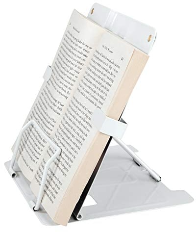 QH-Shop Support de Livre en Métal Support de Lecture Pliable et Réglable 6 Positions Porte-Livre pour Recette Magazine Tablette et Ipad Lecture Blanc