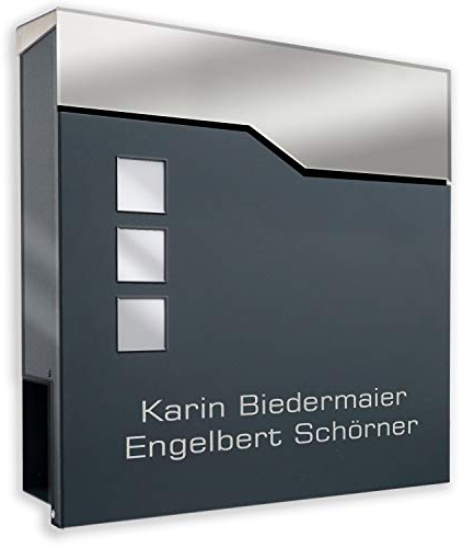Zalafino Briefkasten anthrazit RAL 7016 mit Beschriftung - individualisierbarer Design-Briefkasten aus pulverbeschichtetem Stahl mit Zeitungsrolle und 3 Sichtfeldern