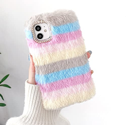 Awenroy for iPhone 4 / iPhone 4S Plush Case Flexible Silicon Soft Fluffy Furry Cute Case Shockproof Back Bumper Cover with Glitter Diamond Bowknot Case - Rainbow 2