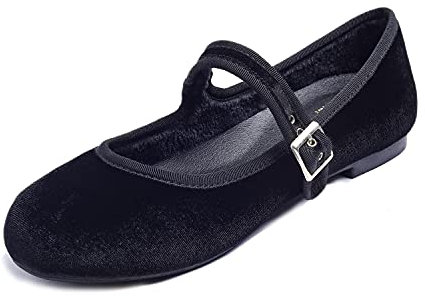 Feversole Women's Comfort Ballet Flats Strap Comfort Casual Mary Jane Shoes Cozy Warm Black Velvet Mary Jane with Short Plush UK Size 5