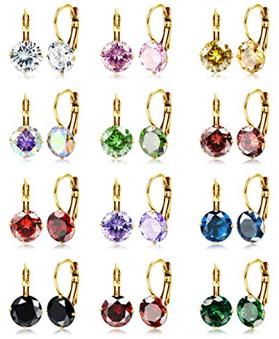 Kakonia 12 Paar Leverback-Ohrhänger-Set für Damen, vergoldet, CZ-Edelstahl-Ohrringe, 10 mm, mehrfarbig, Zirkonia, Tropfen-Ohrringe, Gold