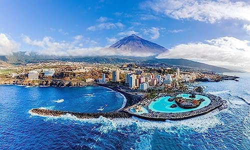 adrium Leinwand-Bild 150 x 90 cm: Luftbild mit Puerto de la Cruz, im Hintergrund Vulkan Teide, Insel Teneriffa, Spanien (183987685)