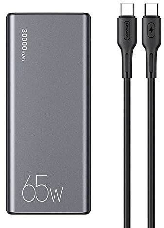 USAMS 65W Power Bank 30000Mah for iPhone, Laptop, MacBook, Tablet, Notebook, Samsung, Lenovo, HP, Acer and More 65W PPS Charger With 100W Type C Cable Super Fast Charging (Silver/Grey)