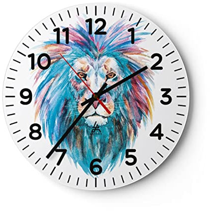 Modern Wanduhr Bunt Löwe Mähne 40x40cm Rund Groß Wand Uhr Glas Analog Zimmeruhren Küche Büro Wohnzimmer Glasuhr Wall Clock Dekoration Design Wanddekoration Küchenuhr C4AR40x40-4250