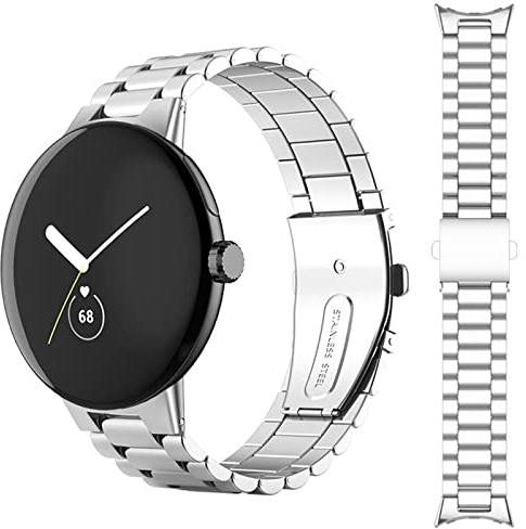 Miimall Metall Armband Kompatibel mit Google Pixel Watch 1/2/3 41mm 2024 Uhrenarmband, Edelstahl Doppelte Faltschließe Verstellbares Armband für Pixel Watch 1/2/3 41mm-Silber