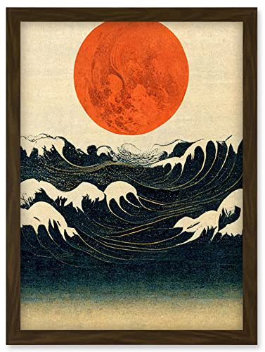Doppelganger33 LTD Minimalist Large Orange Moon Over Ocean Waves Ukiyo-e Style Artwork Framed Wall Art Print A4