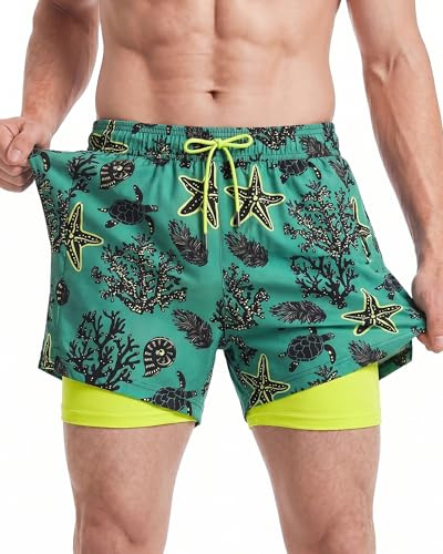 maamgic Mens Swimming Shorts 2-in-1 Quick Dry with Compression Liner | 5-inch inseam, soft anti-chafe liner, 4-way stretch, 2 hidden zip pockets, inner phone pocket, adjustable drawstring