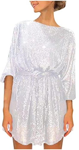 Azruma Glitzer Kleid Damen Partykleid weihnachtskleidung Damen Tunika Kleid Damen&I3 Sexy Pailletten Rundhals Mini Kleid Elegant Langarm Kurz Kleid Sommer Party Minikleider Weiß S