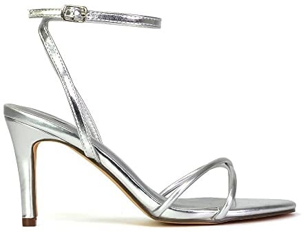 ESSEX GLAM Womens Strappy Ankle Strap Sandals Ladies Open Toe Silver Stiletto Mid High Heel Shoes Size 5