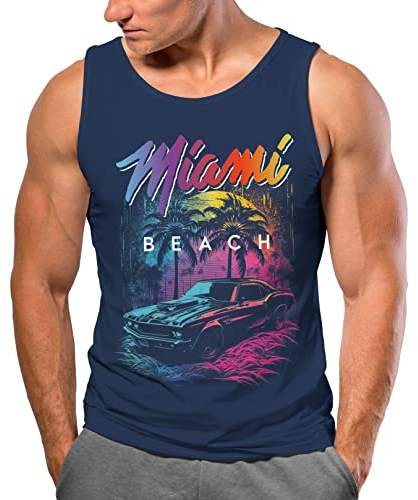 Neverless® Herren Tank-Top Miami Beach USA Oldtimer Car Palmen Print Fashion Streetstyle Muskelshirt Muscle Shirt Navy XL