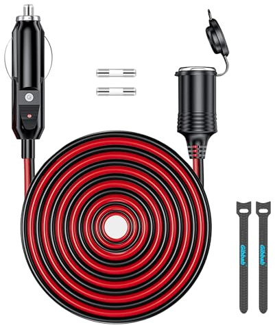 12V/24V Zigarettenanzünder Verlängerungskabel 8m, 156W/15A Kfz-Stecker auf Buchse Adapter mit LED-Leuchte & 2x20A Sicherungen für Kompressor, Luftpumpe