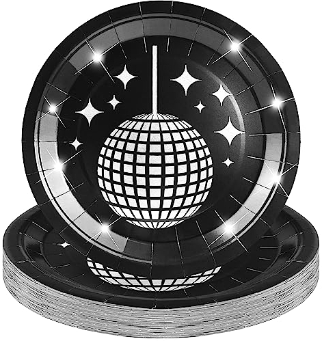30 Stück 22,9 cm Discokugel Teller Schwarz Pappteller Disco Party Teller Groovy Kuchen Dessert Einweg-Pappteller 70er Jahre Disco Party Supplies für Disco Thema Geburtstag Bachelorette Party