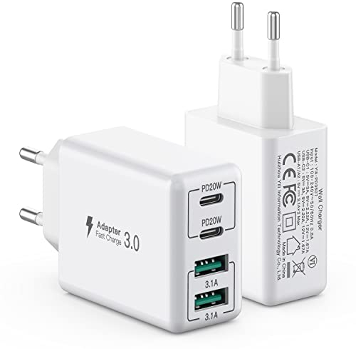 [2 Stück] USB C Ladegerät 40W, 4-Ports USB C Ladegerät Block, Schnellladeblock Dual Port PD+QC Wandstecker Multiport Typ C, Kompatibel mit iPhone 15/14/13/12/11/Pro Max/XS/XR/8/7/Samsung/Tablets