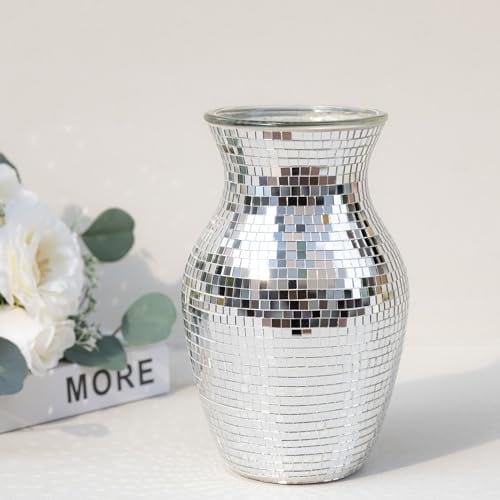 Silberne Vase für Blumen – Mosaik-Glasvase für Dekoration, Disco-Vasen für Mode, Heimtischdekoration, Hochzeitsblumenarrangeme, Tafelaufsätze