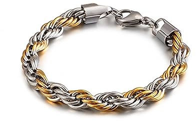 Homxi Bracciale da Uomo Argento Oro,Bracciali in Acciaio Inossidabile Uomo Catena di Corda 6MM Bracciali Uomo 21CM