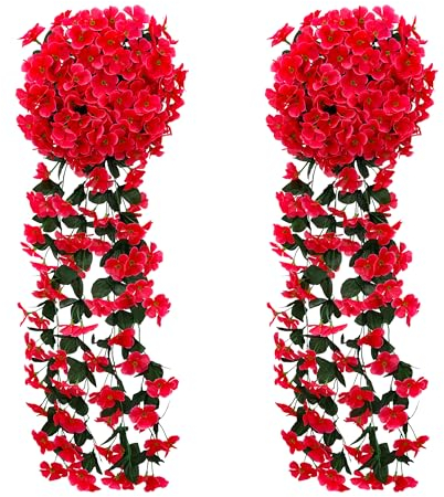 JUSTOYOU Artificial Wisteria Garland, Faux Hanging Basket Plant Silk Trailing Flower for Garden Wall, Outdoor & Indoor Decoration (2pcs, Red)
