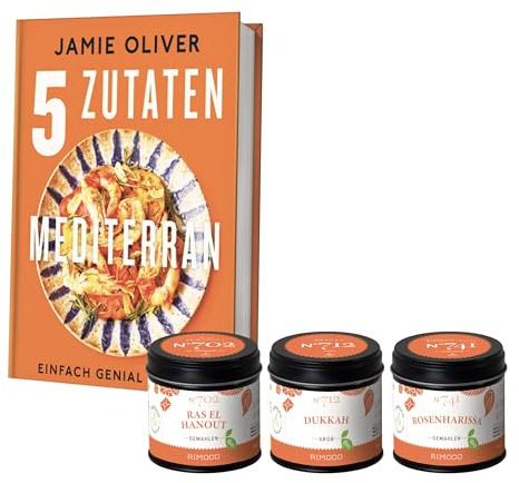 Rimoco Gewürze Geschenkset aus 3 Bio Gewürzen + Jamie Oliver Kochbuch 5 ZUTATEN MEDITERRAN - Gewürz Set bestehend aus Bio Ras el Hanout 60g, Bio Dukkah Gewürz 75g und Bio Rosenharissa 60g
