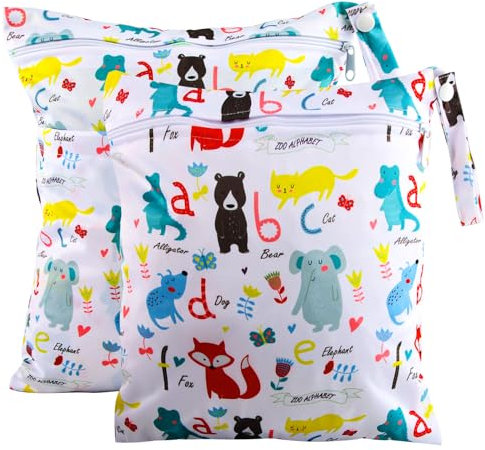 Darryy Nasstasche Kindergarten, Wetbag Kindergarten 2er Set, Wäschebeutel Kita Wasserdicht, Nassbeutel Waschbar, Windeltasche Nasstasche, Wetbag Stoffwindeln, Nasstaschen Wiederverwendbar, Zoo