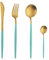 BISDARUN Stainless Steel Coloured Handles Cutlery with Matt Polish Unusual Flatware Set Funky Kitchen Forks Knives and Spoons Service for (Blue Gold 4-Piece Cutlery Set, 1 Person(1 Set))
