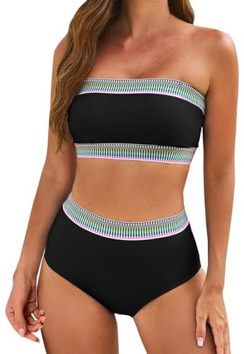 AMhomely Swim Two Piece for Women UK Ladies Strapless Swimming Costume Strapless Swimsuits Boho Hawaiian Bikini Sets Solid High Waisted Bathing Suits Solid Tube Modest Swimming Suits Black M