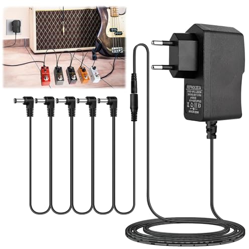 DC 9V Netzteil guitar pedal, 9V 1A dc netzteil Netzadapter Negativer DC Anschluss in der Mitte, 5-Wege Daisy Chain Kabel für Bo-ss pedalboard gitarre, Ca-sio Keyboard, Zoom-Effektpedale (1+5)