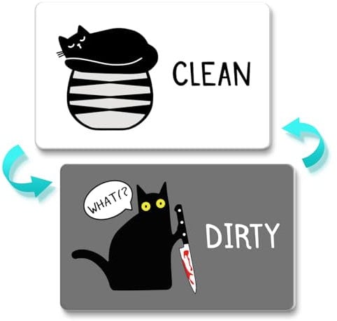 Funny Dishwasher Magnet Clean Dirty Sign Universal Double Sided Refrigerator Magnet Cute Black Cat Cartoon Magnets Flip with Magnetic Plate Indicator Sign for Kitchen Home Decor