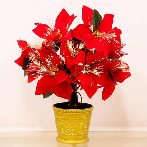Christmas Concepts® 1.5ft (18) Artificial Poinsettia Plant With Gold Base & Warm White Fibre Optics - 9 Functions - Artificial Christmas Decoration