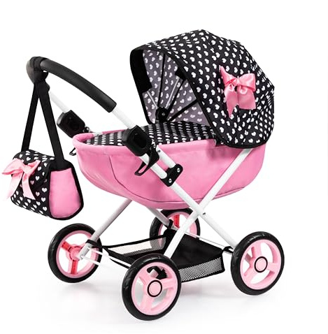 Bayer Design 12760AA Puppenwagen Cosy, zusammenklappbar, inklusive Tasche und Bettdecke, Kissen, modern, Schwarz, Rosa