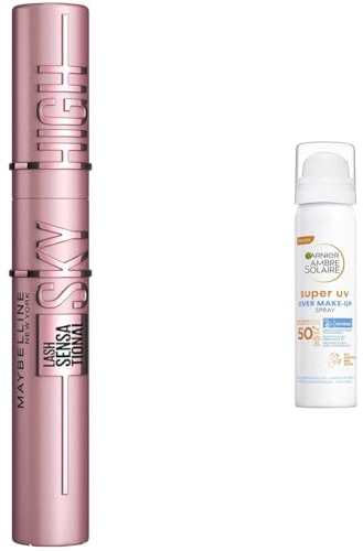 Maybelline New York Schwarze Wimperntusche, Lash Sensational Sky High Mascara, Very Black, 7,2 ml + Garnier Super UV Over Make-up Spray mit LSF 50+,, Hyaluronsäure, Ambre Solaire, 1 x 75 ml