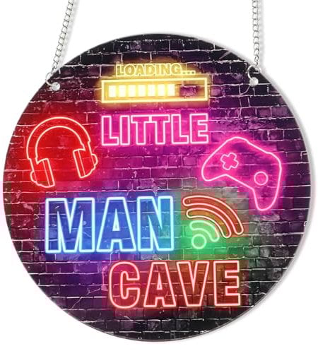 Qianyu Neon Little Man Cave Sign Gaming Wooden Door Sign Video Game Hanging Wall Art Decor Christmas Birthday Gift for Son Kid for Bedroom Playroom Living Boy Room Decorations