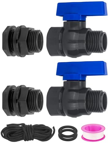 PVC-Regentonnen-Zapfhahn-Set, 2 Stück, 1,9 cm GHT Kugelhahn mit Schottverschraubung, Adapter für Wassertanks, Aquarien, Pools