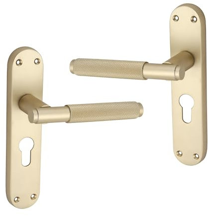Infinity Decor Knurled Euro Lever Lock Door Handle on Backplate Set 185mm x 45mm Passage Door Pulls – Suitable for All Internal & External Doors (Satin Brass)