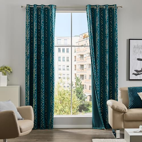 Como Gardinen 2er Set Vorhänge Türkis-Gold Samt glänzend 245 x 134 cm - Blickdichte, leicht abdunkelnde Ösenschals aus Polyester für Wohnzimmer, Kinderzimmer, Schlafzimmer, Büro