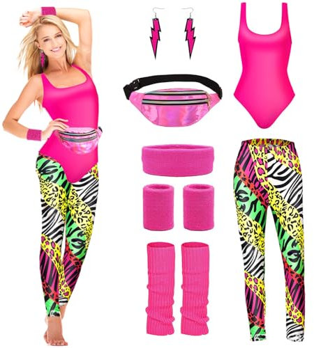 Conponous Damen 80er Jahre Workout Kostüm für Karneval Fasching Mottoparty (L)