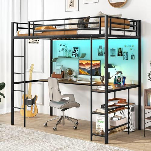 COSTWAY Metal Bunk Bed with Desk, RGB LED Lights, Charging Station and Storage, Ladder Loft Bed Frame with Safety Guardrail, Space-Saving Bedroom Single High Sleeper Beds for Kids Teens Adults (Black)