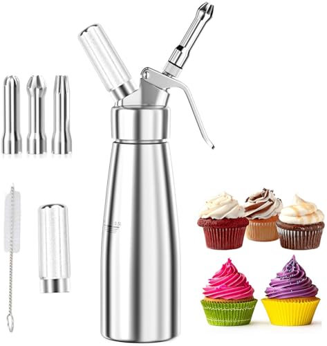 500ml Edelstahl Sahnespender, Sahnesyphon mit 3 Deko-Düsen und 1 Reinigungbürste, Professionelle Sahnesprüher, Auslaufsicher Sahnesiphon für Schlagsahne, Soßen, Desserts, Creme, Mousse, Whip Cream