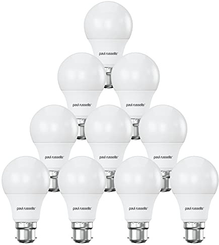 paul russells LED GLS Lights Bayonet Cap B22, 60w Equivalent, 8Watt 806LM LED Bulbs, 4000K Cool White, Classic Frosted A60 Standard BC Energy Saving (Not Dimmable) Large Globe Lamps, Pack of 10