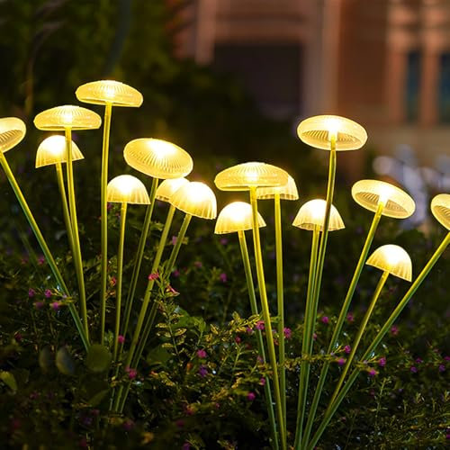 JINGTOPS 2 Piezas Luces Solares Jardin, 8 LED Luz Medusas Solar Exterior, Luces de Jardín de Luciérnagas, Luces Solares Oscilantes para Jardín al Aire Libre, Patio, Arbustos, Blanco Cálido