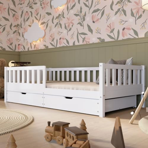 Crazy Pine Kinderbett mit Schublade 140x200cm – Massives Montessori Bodenbett aus Holz in Weiß mit Rausfallschutz – Sicheres Kleinkindbett – Skandinavisches Design Leichte Montage - Crazy Basic