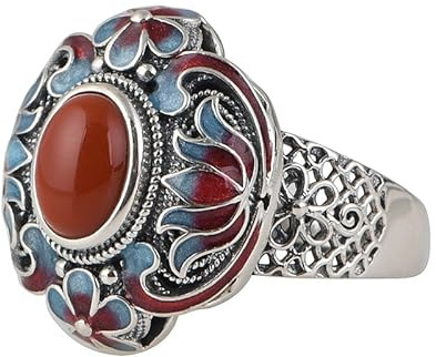 WLLDDDIU Ringe Silber,Verstellbarer Ring Aus 925Er Sterlingsilber für Damen, Retro Emaille Lotus mit Eingelegtem Rotem Achat, Offene Daumenringe, Trauring Im Ethno Stil, Versprechensgeschenk Zum Ja