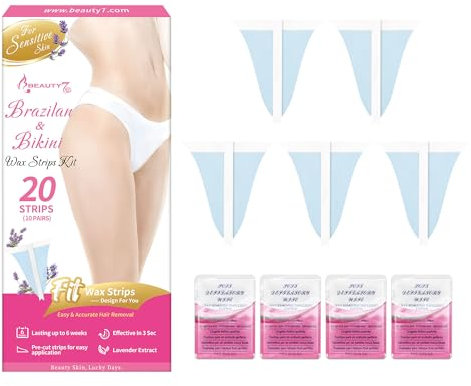 Beauty7 Kaltwachsstreifen für Bikini & Brasilianische Haarentfernung für sensible Haut Brasilianisches Wachsstreifen für Bikinizone zur empfindliche Haut 20 Wach streifen & 4 Reiniger Öl Tücher