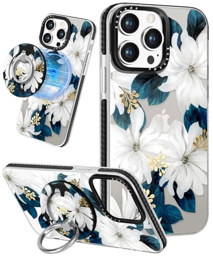 Kokaade for iPhone 14 Pro Case for Women Girls - Compatible with Magsafe for 360° Rotatable Magnetic Ring Holder Stand Cute Kawaii Girly Blue Flower Design TPU for iPhone 14 Pro Phone Case