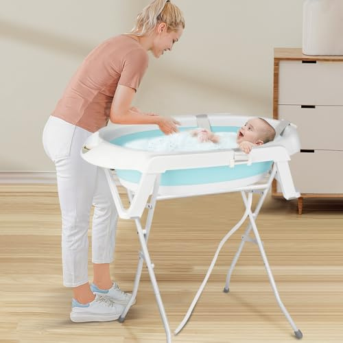 Baignoire Bebe avec Support 84cm, Baignoire Pliable sur Pied, Sécurisée et Confortable Bassine Pliable Bebe avec Coussin de bain, pour Nouveau-nés et Tout-petits (Vert avec Support, 66x61x82cm)