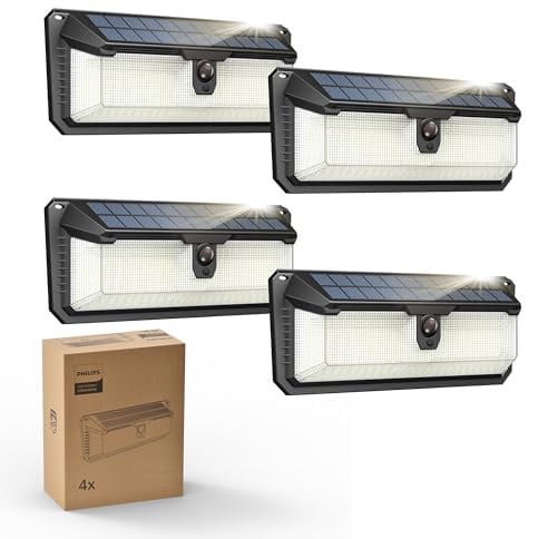 Philips Solarlampe Außen mit Bewegungsmelder, 258 LEDs Solarbetriebene Außen-Sicherheitsleuchte, 3 Modi, Wasserdichte Wandleuchte für Garten, Hof, Zaun, Garage (4 Stück)