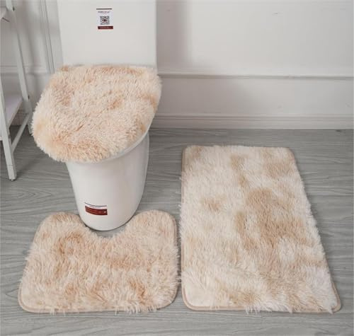 Soft Microfiber Bath Mat Bathroom Rugs Sets 3 Piece, Fluffy Bath Rug + Contour Mat + Toilet Seat Cover, Non-Slip Bathroom Rugs with PVC Point Flannel Backing, Water Absorbent Bathmat (Light Camel)