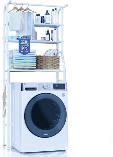 Washing Machine and Toilet Storage, Over The Washer and Dryer Storage Shelf, 3 Tier Laundry Room Metal Drying Rack with Towels Hangers, Space Saver Organizer for Clothes Towels (White Metal HL1)