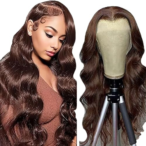 Shoaiye 13x4 Lace Front Echthaar Perücke Damen Body Wave Human Hair Wig Wear and Go Glueless Remy Pre Plucked Natural Hairline 150% Density #4 Chocolate Brown Color for Woman 30 Inch